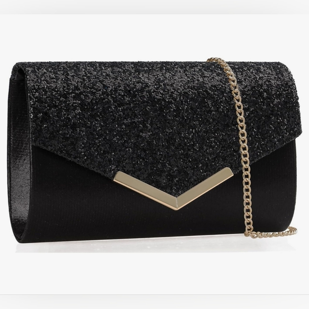 NIB Evening Black Clutch Bag Shoulder Gold Chain  Purse Handbag
